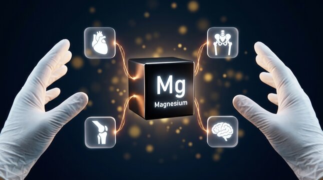 Glowing magnesium cube element symbol surrounded by glowing digital icons floating with human hands wearing white medical gloves
