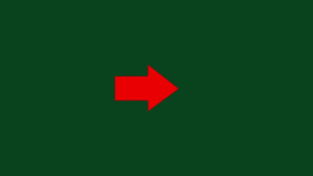 Vibrant red arrow pointing rightward on a solid dark forest green background, minimalist for digital presentations, user interface navigation, and motion media projects