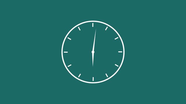 Minimalist white analog clock face animation rotating rapidly on a solid teal background, representing the fast passage of time, deadline urgency, business efficiency, and dynamic chronological motion