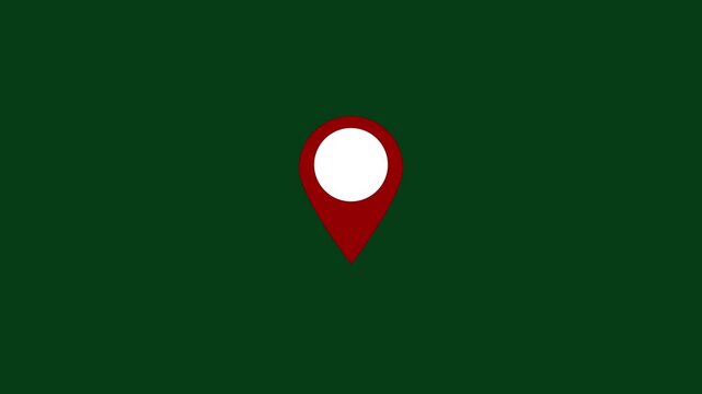 Minimalist red map location pin pulsing on a solid dark green background, digital navigation, travel apps, logistics tracking, and interactive web interface