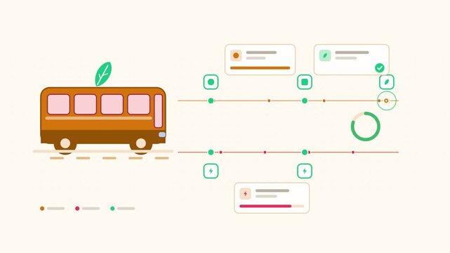 Seamless 4K looping animation showing a sustainable transport electric bus route presented as a process flow. Flat vector icons, UI cards and animated connector lines move across a clean light backgro