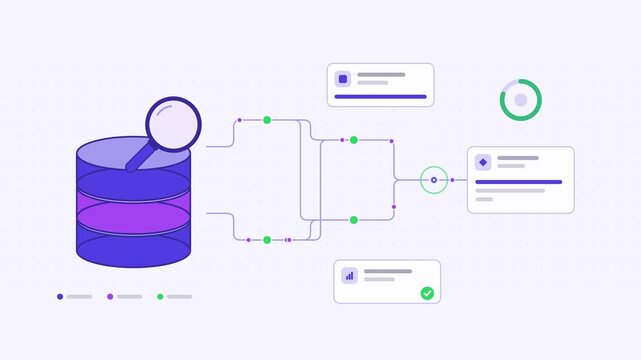 Animated knowledge base retrieval search answer visualised as a process flow in a modern flat vector style. Smooth looping 4K motion graphic with soft blue and azure colours, floating interface cards 