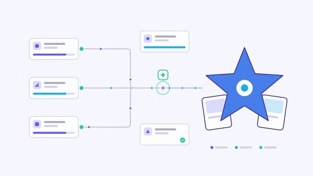 Seamless 4K looping animation showing a recommendation engine signals converging picks presented as a converging flow. Flat vector icons, UI cards and animated connector lines move across a clean ligh