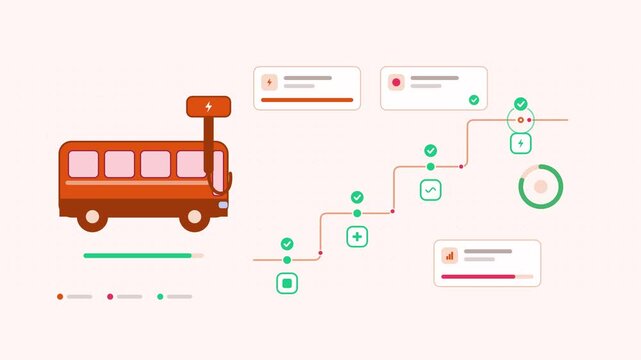 Animated public transit electrification transition visualised as a stage sequence in a modern flat vector style. Smooth looping 4K motion graphic with soft warm red and coral colours, floating interfa