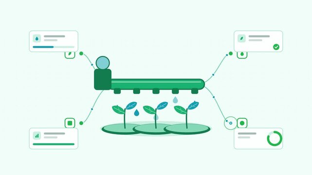 Seamless 4K looping animation showing a irrigation efficiency drip zone presented as a node network. Flat vector icons, UI cards and animated connector lines move across a clean light background in fr