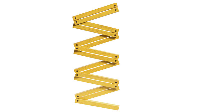 Classic yellow folding wooden ruler measuring tool zig zag isolated on transparent background