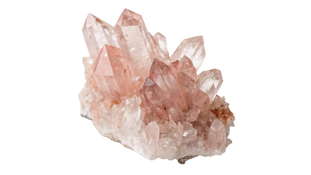 Natural raw pink quartz crystal cluster mineral stone isolated on transparent background