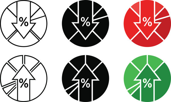 Set of  hand drawn six circular percentage diagrams showing increase and decrease trends