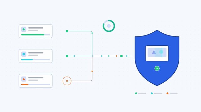 Animated content moderation approve reject visualised as a split flow in a modern flat vector style. Smooth looping 4K motion graphic with soft blue and azure colours, floating interface cards and flo