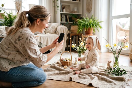 Smiling mother sits on the living room floor and uses her phone to create memories of her joyful baby wearing an adorable bunny outfit for the Easter