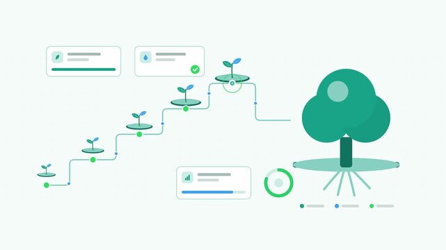 Seamless 4K looping animation showing a reforestation program forest recovery presented as a stage sequence. Flat vector icons, UI cards and animated connector lines move across a clean light backgrou