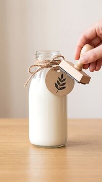 Hand Stamping Kraft Paper Tag with Leaf Logo on Glass Bottle Filled with White Liquid and Twine on Wooden Table - Handmade Product Packaging and Branding Concept