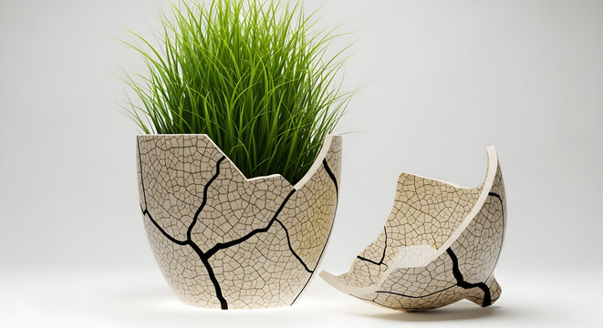 Cracked eggshell planter with green grass