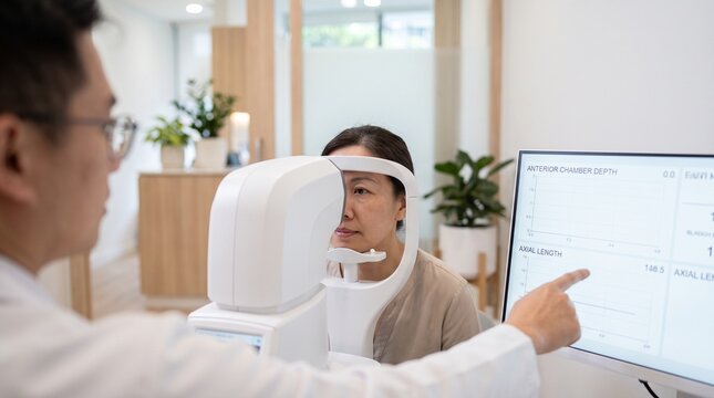 Ophthalmologist pointing at axial length measurements on screen during optical biometry eye scan for female patient
