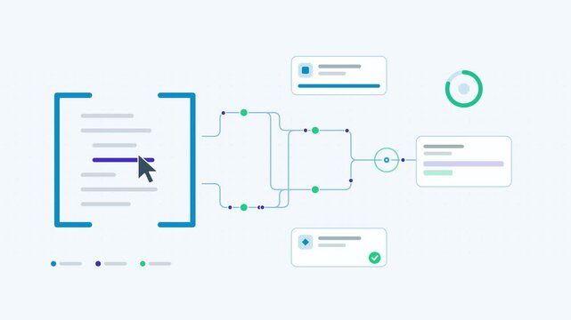 Animated code assistant workflow suggestion edits visualised as a process flow in a modern flat vector style. Smooth looping 4K motion graphic with soft teal and turquoise colours, floating interface 