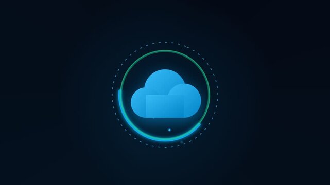 Blue cloud data sync and green security shield icons animation