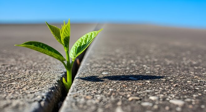 AI generated small green plant growing through concrete crack as symbol of resilience and persistence in adversity