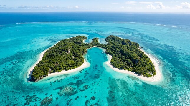 Aerial view of tropical island shaped like human lungs surrounded by turquoise ocean water and coral reefs representing environmental preservation