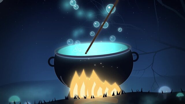 Close up cauldron with glowing cyan potion bubbles and fire
