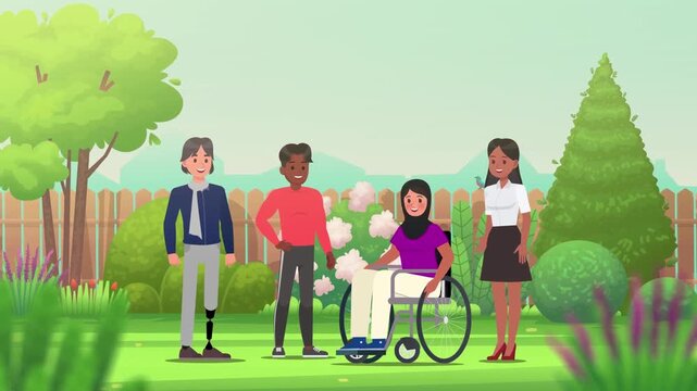 Diverse group of smiling friends with disabilities standing and sitting together in a lush park vector animation footage