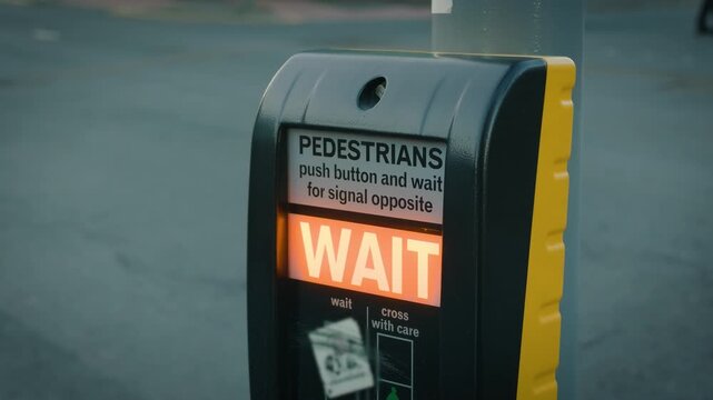 Pedestrian crossing wait signal with illuminated instruction panel beside urban road. Push button traffic control for people crossing street. Road safety equipment at city crossing with clear wait