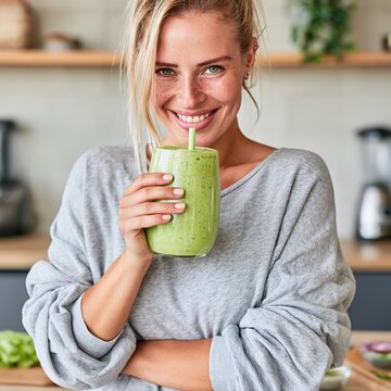 Young woman enjoying healthy green smoothie in kitchen