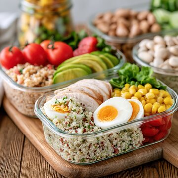 Healthy meal prep containers with chicken quinoa avocado egg