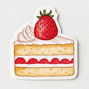 Watercolor strawberry shortcake cake slice sticker on paper