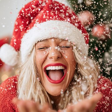 Woman wearing santa hat celebrating christmas with falling glitter