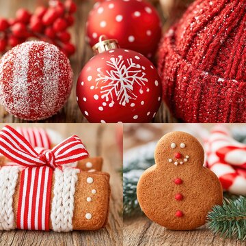 Christmas holiday collage featuring red ornaments and gingerbread cookies