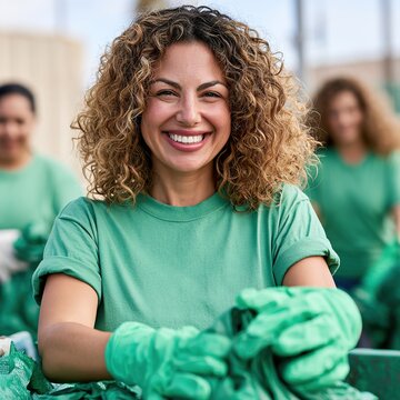 Happy woman volunteer recycling plastic outdoors with team