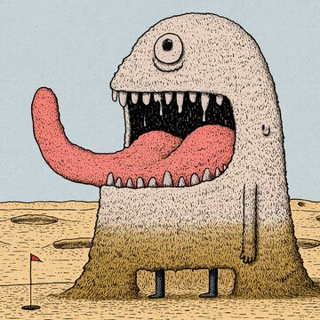 Giant cyclops monster playing golf with craters