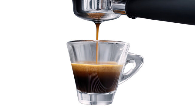freshly brewed espresso pouring into a clear glass cup isolated on white background for cafe and beverage concepts