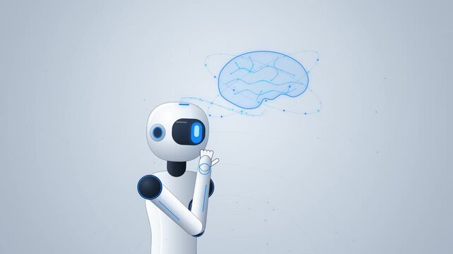 Humanoid robot thinking with blue brain hologram on light gray
