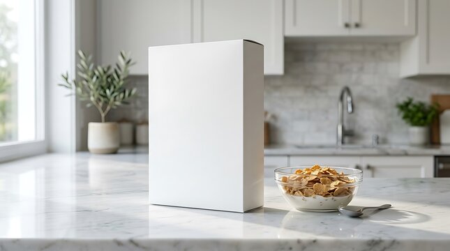 Blank white cereal box mockup with a bowl of crunchy corn flakes on a modern kitchen counter. cereal branding mockup
