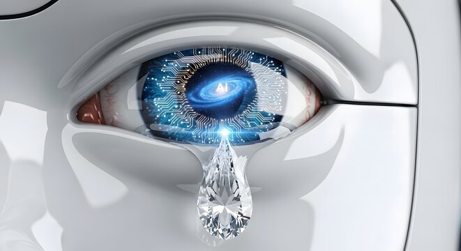 AI generated futuristic robotic eye with digital circuitry iris and diamond tear representing machine emotion
