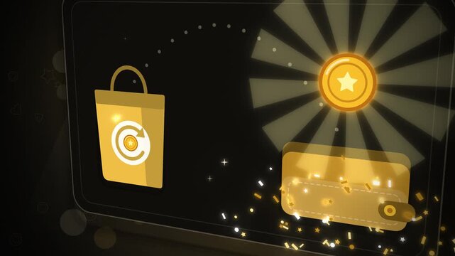 Gold coin burst over wallet and shopping bag on angled black plane