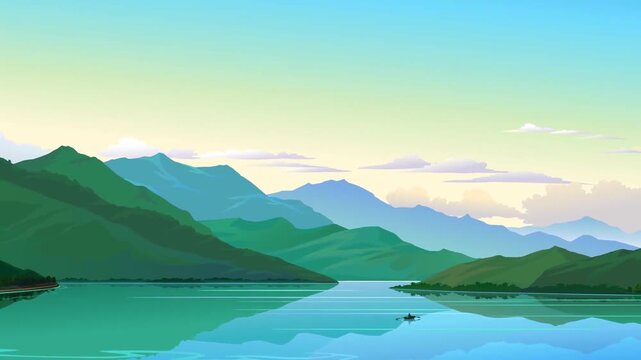 Peaceful river flowing through majestic green mountains with calm blue water in vector illustration motion footage