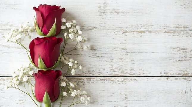 Three beautiful dark red roses with small white flowers on a rustic distressed white wooden background for greeting cards