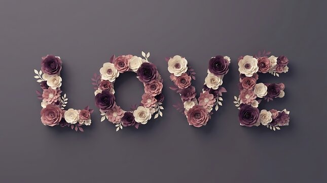 The word love formed by decorative paper flowers on a dark purple background