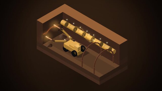 Isometric underground mine tunnel cutaway with drilling rig in brown