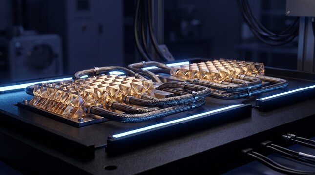 Conceptual high tech maglev transportation hub system with futuristic energy components and glowing infrastructure in a laboratory setting