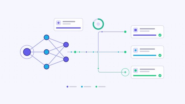 Seamless 4K looping animation showing a agent task delegation worker presented as a branching flow. Flat vector icons, UI cards and animated connector lines move across a clean light background in blu