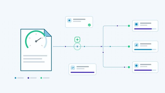 Seamless 4K looping animation showing a credit scoring ai factors presented as a converging flow. Flat vector icons, UI cards and animated connector lines move across a clean light background in teal 