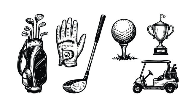 Golf equipment collection including clubs ball and trophy in black ink style