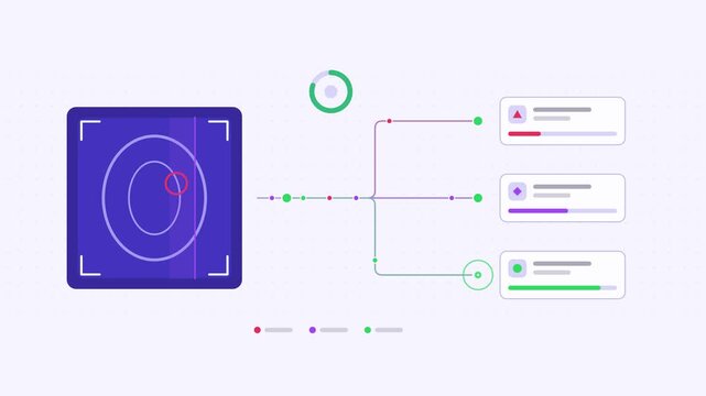 Animated medical imaging triage priority visualised as a branching flow in a modern flat vector style. Smooth looping 4K motion graphic with soft blue and azure colours, floating interface cards and f