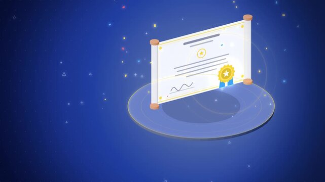 Isometric certificate scroll with gold ribbon rosette on bright blue