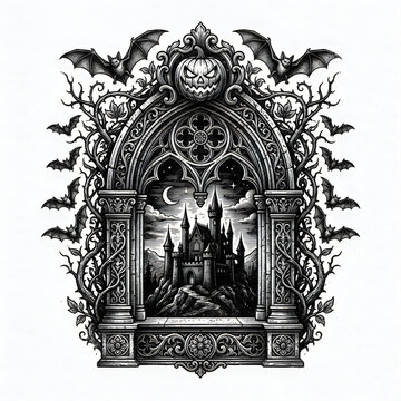 Ornate gothic arch framing haunted castle scene with bats and pumpkin face, suitable for halloween invitations and t-shirt prints.