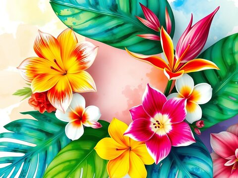 Vibrant tropical flower arrangement in soft watercolor hues wraps around a frame, intricate, nature-inspired