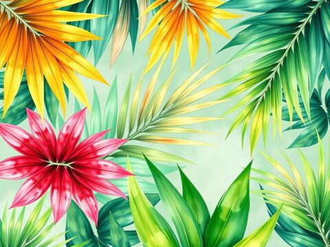 Watercolor palm pattern with exotic leaves and spring background, serene, wet brush